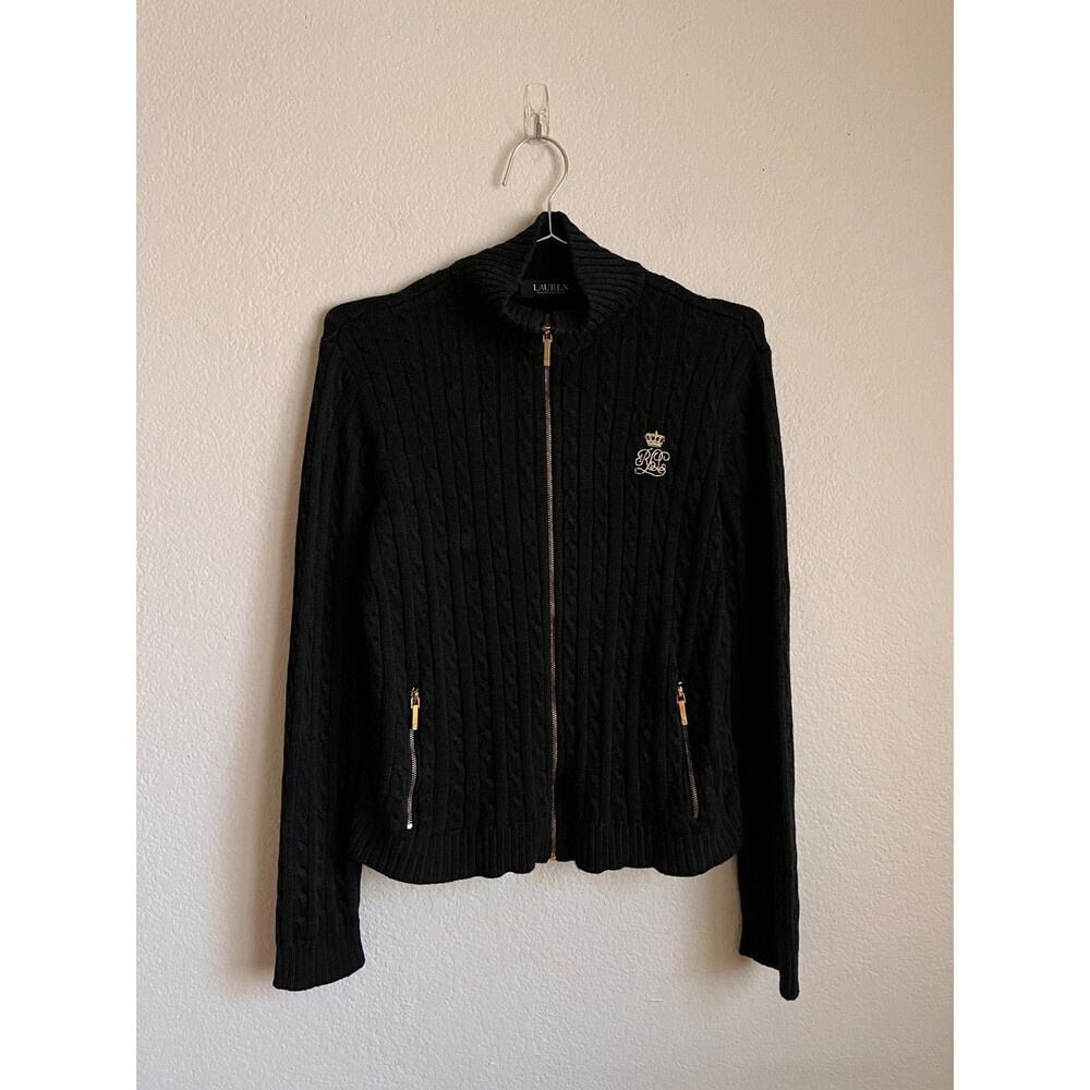 Lauren Ralph Lauren Women's Cable Knit Full Zip Jacket in Black Size MEDIUM